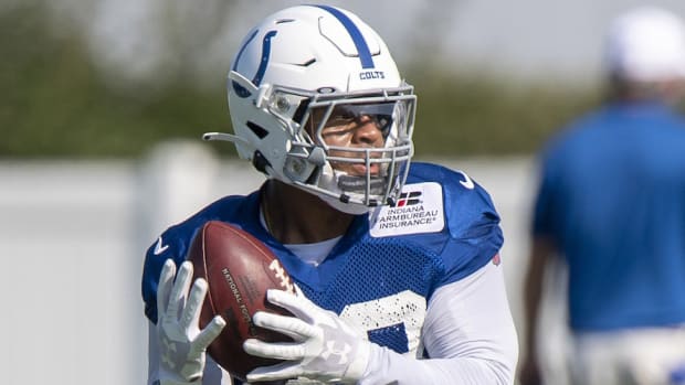 Indianapolis Colts rookie running back Jonathan Taylor catches a pass during a recent practice. The second-round selection is working extra on improving his pass-catching skills, especially after dropping two passes in a scrimmage.